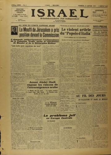 Israël : Hebdomadaire Juif Indépendant Vol.18 N°04 (15 janvier 1937)